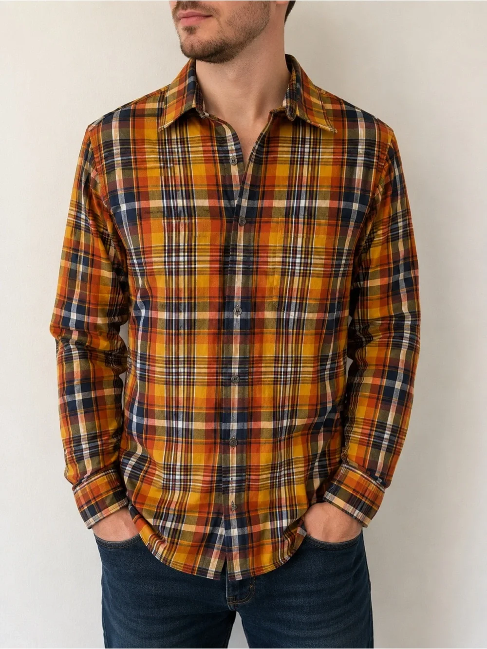 Banana Republic Men’s Small Plaid Shirt Fall 100% Cotton Orange Button Up